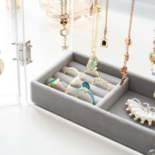 Lolalet Necklace Holder Organizer, Acrylic Jewelry Organizer with 24 Hooks, Rotating Clear Necklaces Display Box, Dust-proof Jewelry Storage Case with Velvet Tray -Clear - color: 2 -Clear
