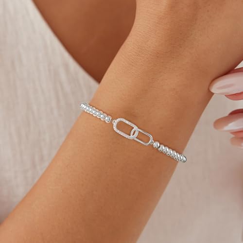 Mothers Day Gifts - Beaded Bracelets for Women 14K Silver Gold Plated Stretch Handmade Ball Bracelets Cute Charm Bracelet Dainty Stackable Cross Heart Bow Wave CZ Circle Trendy Jewelry Easter Gifts - color: zirconia-square-silver