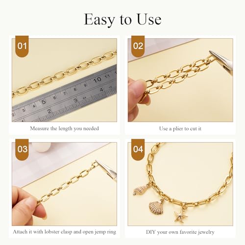 Jabogrii 3 Meters Gold Stainless Steel Jewelry Making Chains Bulk Oval Paperclip Chain for Jewelry Making - color: Paperclip Gold