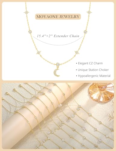 Dainty Gold Necklace for Women Trendy 14K Gold Plated Pearl Cross Clover Butterfly CZ Charm Pendant Chain Station Necklaces Waterproof Non Tarnish Layered Choker Cute Jewelry Gifts - color: G-moon & star