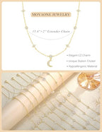 Dainty Gold Necklace for Women Trendy 14K Gold Plated Pearl Cross Clover Butterfly CZ Charm Pendant Chain Station Necklaces Waterproof Non Tarnish Layered Choker Cute Jewelry Gifts - color: G-moon & star