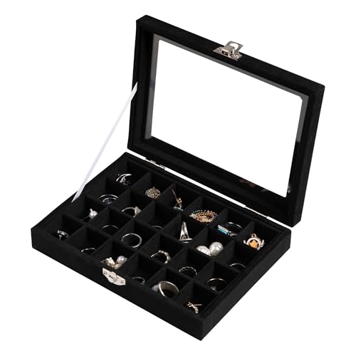 Frebeauty 24 Grid Jewelry Tray,Velvet Stud Earring Organizer,Small Jewelry Organizer with Clear Lid,Lockable Earring Holder Organizer Jewelry Boxes & Organizer Ring Holder for Women & Girls(Black) - color: Black
