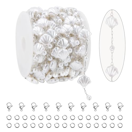 KYUNHOO 16.4 Feet Silver Chains for Jewelry Making Artificial Pearl Bead Chain on Spool with Lobster Clasps and Jump Rings - color: Shell Silver