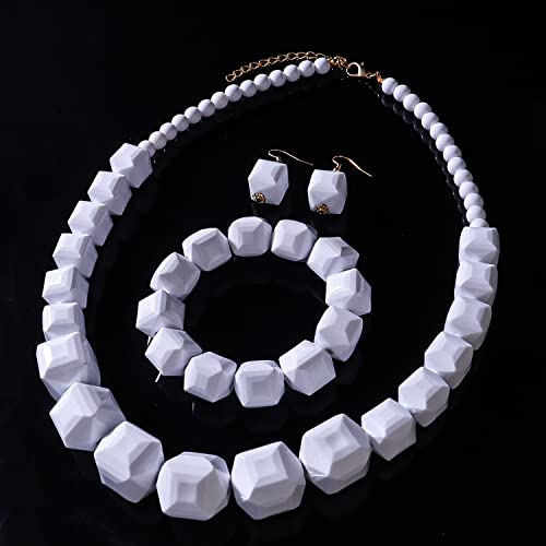 Halawly White Beads Necklace, Acrylic Costume Jewelry for Women Chunky Statement Strand Necklaces with Bracelet Dangle Earrings, Big African Beaded Necklace - color: White Set Long