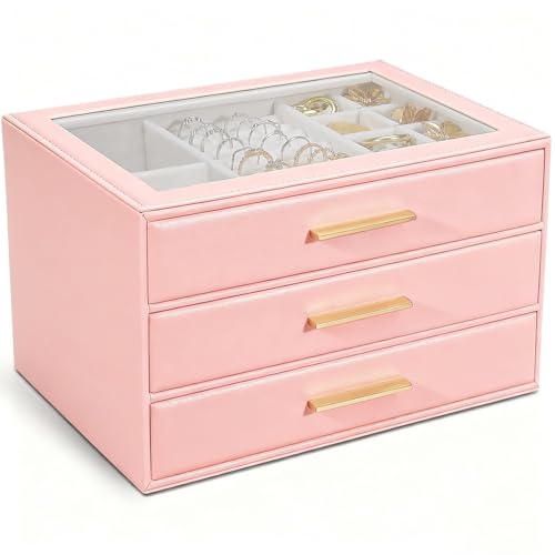 GUOER Jewelry Box for Women, Glass Lid Jewelry Organizer with 3 Drawers PU Jewelry Storage Case for Necklaces Rings Earrings Bracelets (Pink) - color: Pink