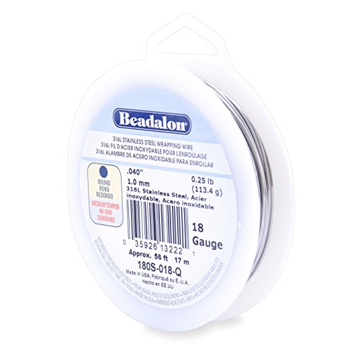 Beadalon 316L Stainless Steel Wrapping Wire, Round, 18 Gauge,Round, 56 feet, 1/4 Pound