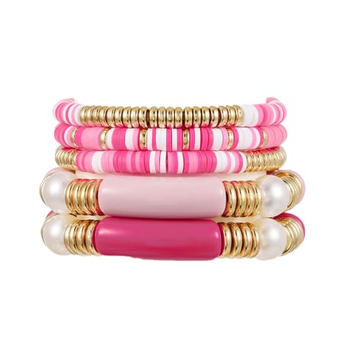 COLORFUL BLING 5-12Pcs Bohemian Love Heart Bead Bracelets for Women Vinyl Disc Heishi Surfer Stackable Stretch Bracelet Summer Beach Boho Jewelry - color: 5pcs pink long bar