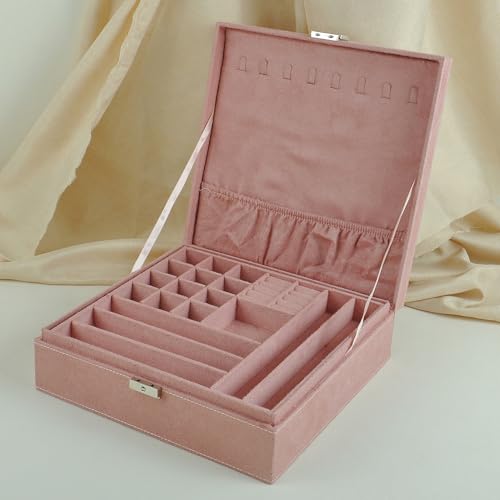 Jewelry Boxes 10 x 10 Inches 2-layer Handle Necklace Holder Organizer Jewellery Women Rings Storage Display Girls Earrings Case Lockable Jewelry Tray GY641 (Pink) - color: Pink