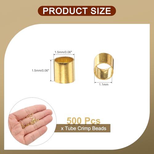 uxcell 500 Pcs Tube Crimp Beads, 1.5x1.5mm Copper Crimp Beads End Stopper Beads Tiny Loose Spacer Beads for Earrings Necklaces Bracelets Pendant DIY Crafts, Gold - color: Gold, size: 1.1 mm