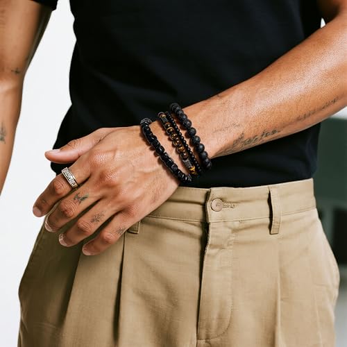 Men’s Hematite Bracelet Set Boho Multi - Tiger Eye/Matte Agate/Lava Rock Gifts for Birthday/Anniversary/Christmas - color: F05 Tiger Eye