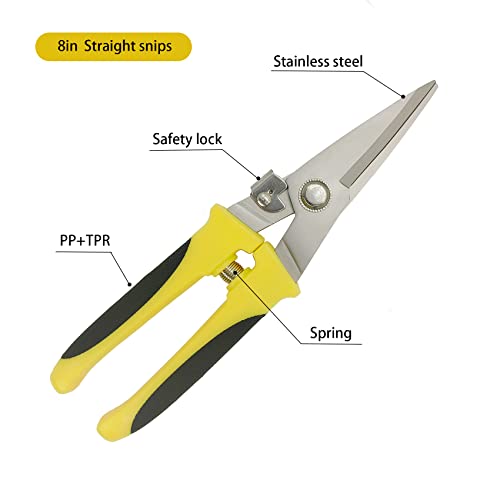TOOLMAK Aviation Tin Snips Heavy Duty Metal Cutter, Straight Shears with Stainless Steel Blade & Comfort Grips, Multifunction Cutting of Branches, Cable Wires, Thin Iron, Cardboard(Right Hand), 8 Inch - size: 8 Inch Straight Blade