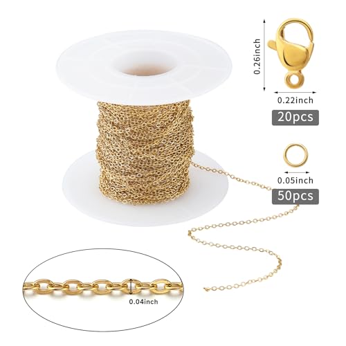 66Feet 18K Gold Stainless Steel Necklace Chains Cable Link Chains for Jewelry Making DIY Craft Kit with Lobster Clasps Jump Rings - color: 66Feet-Gold, size: 1.0mm