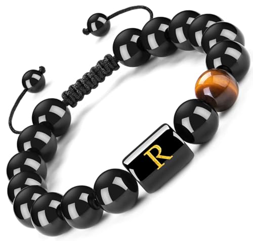 FRG Initials Bracelets for Men Letter Link Handmade Natural Black Onyx Tiger Eye Stone Beads Braided Rope Meaningful Bracelet - style: Braided rope-R