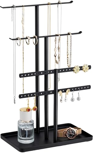 pickpiff Jewelry Stand Organizer, 12.5" Tall Sturdy Metal, 3-Tier Jewelry Holder for Necklace, Earring, Bracelet, Ring, Hanger for Display and Storage, Aesthetic Room Decor, Black - color: Black, size: 12.5" Height