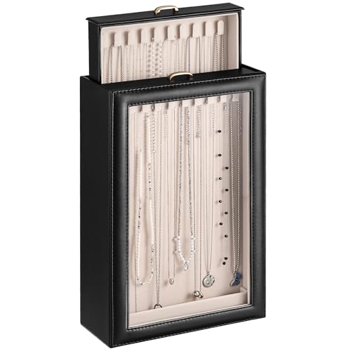 Lolalet Necklace Organizer Box, Jewelry Storage Box with Clear Window for Necklaces Bracelets, Tangle-Free Necklace Display Case for Women Girls, Mothers Day Gift - color: Black, size: 2 Layers, 20 Hooks