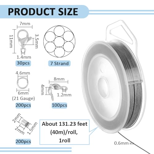 BENECREAT 130 Feet 7 Strand Stainless Steel Beading Wire 0.6mm, with Accessories for Jewelry Making - size: 0.6mm, style: 7 Strand