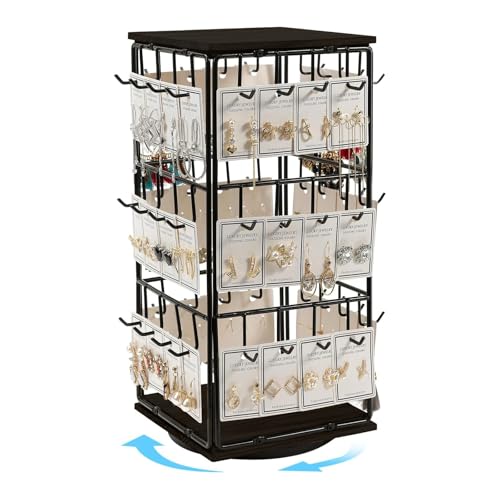Yuehuam 360 Rotating Earring Display Stand, 48 Hooks Jewelry Rack with Wooden Base for Earring Card Selling, Earring Holder Organizer for Vendors