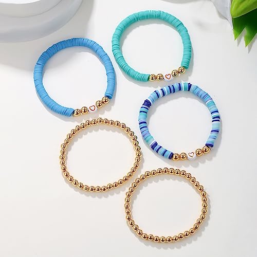 COLORFUL BLING 5-12Pcs Bohemian Love Heart Bead Bracelets for Women Vinyl Disc Heishi Surfer Stackable Stretch Bracelet Summer Beach Boho Jewelry - color: 5pcs blue