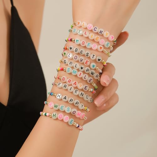 Friendship Bracelets Boho Stackable Bracelets for Women Surfer Heishi Clay Bead Bracelets Stretch Preppy Bracelets Colorful Boho Bracelets for Women - color: 12pcs LUCKY(night light)