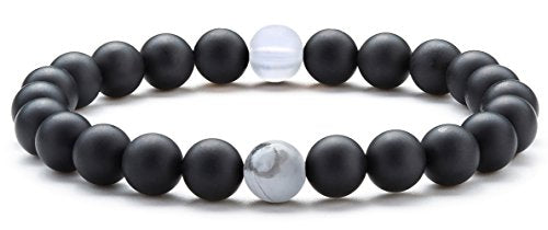 Hamoery Men Women 8mm Tiger Eye Stone Beads Bracelet Elastic Natural Stone Yoga Bracelet Bangle - color: Black Matte Agate-21003
