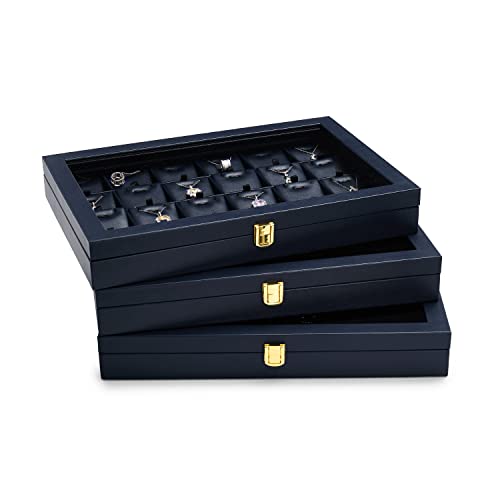 Oirlv Premium Blue Leather Jewelry Tray with 24 Grid Removable Jewelry Cards Jewelry Organizer Box with Transparent Acrylic Lid Necklace Pendant Display Case - color: Blue, size: 24 Gird with Inserts