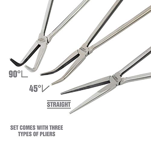 OEMTOOLS 22660 16 Inch Long Nose 3 Piece Pliers Set, 90 Degree Pliers, Straight Pliers, and 45 Degree Pliers, Clamp Hoses and Handle Delicate Work Pieces in Narrow Spaces - style: steel