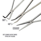 OEMTOOLS 22660 16 Inch Long Nose 3 Piece Pliers Set, 90 Degree Pliers, Straight Pliers, and 45 Degree Pliers, Clamp Hoses and Handle Delicate Work Pieces in Narrow Spaces - style: steel