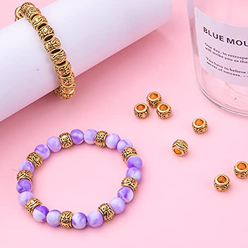 BronaGrand 100pcs Antique Gold Large Hole Spacer Beads Tibetan Alloy Column Barrel Beads with Nice Patterns Loose Charm Beads for European Charm Snake Chain Bracelet Jewelry Making - color: Gold