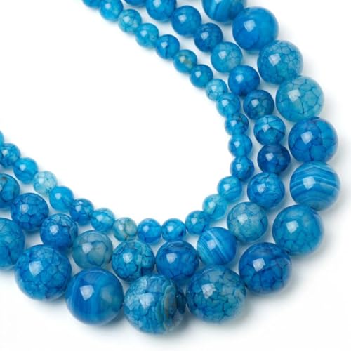 60pcs Smooth Natural Blue Agate Beads，6mm Dragon Vein Gemstone Round Loose Stone Beads for Jewelry Making DIY Bracelet Necklace Earrings - color: blue dragon vein, size: 6mm