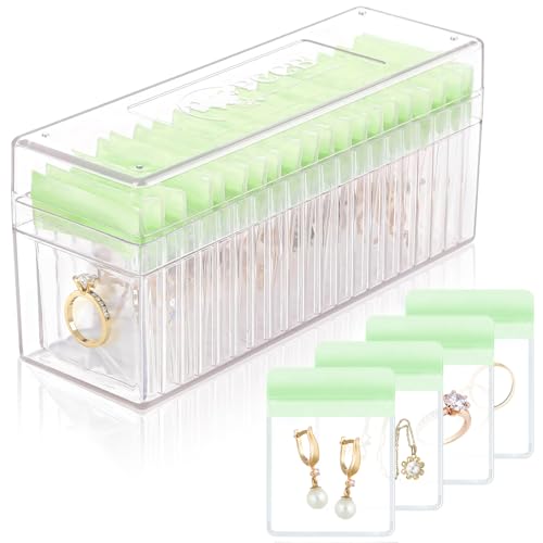 HOMEHIVE Acrylic Jewelry Box Organizer, Clear Jewelry Organizer Holder with 20 Portable Anti Tarnish Jewelry bags, Travel Jewelry Case for Earrings/Rings/Necklaces for Women Girls, Green - color: Green