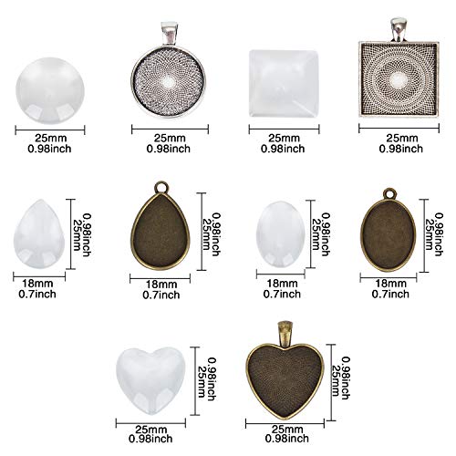60 Pieces 5 Styles Pendant Trays 30pcs Round & Square & Heart & Teardrop & Oval and 30pcs Bright Glass Cabochon Dome Tiles for Crafting DIY Jewelry Gift Making - color: 30Pcs Metal Pendant+30pcs Bright Glass Cabochon