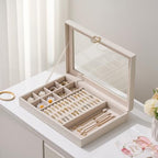 bussdis Glass Lid Jewelry Organizer Box – Beige Velvet Jewelry Case with Ring Slots, Necklace Hooks & Removable Compartments for Earrings, Rings & Bracelets - color: Beige