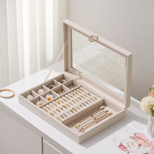 bussdis Glass Lid Jewelry Organizer Box – Beige Velvet Jewelry Case with Ring Slots, Necklace Hooks & Removable Compartments for Earrings, Rings & Bracelets - color: Beige