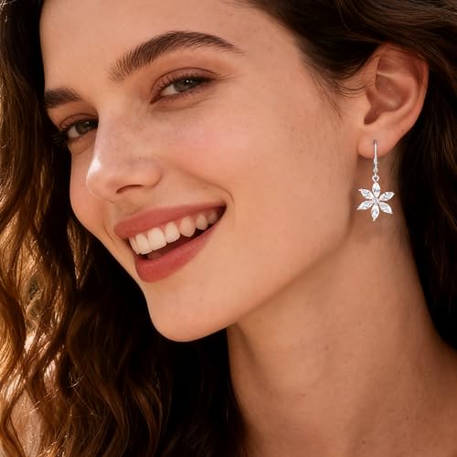 925 Sterling Silver Flower Dangle Earrings for Women, Daisy Flower Dangling Leverback Earrings, Cubic Zirconia Dangly Earring 14k Gold Plated Hypoallergenic CZ Floral Drop Earing for Women Trendy Jewelry Gifts - color: Silver