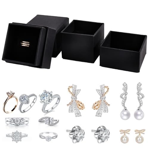 driew 12 Pack Cardboard Drawer Display Jewelry Boxes, Black Gift Boxes Kraft Paper Box Jewelry Gift Packaging Case Sponge Insert and Lids for Rings (2.05x2.05X1.57 Inch)
