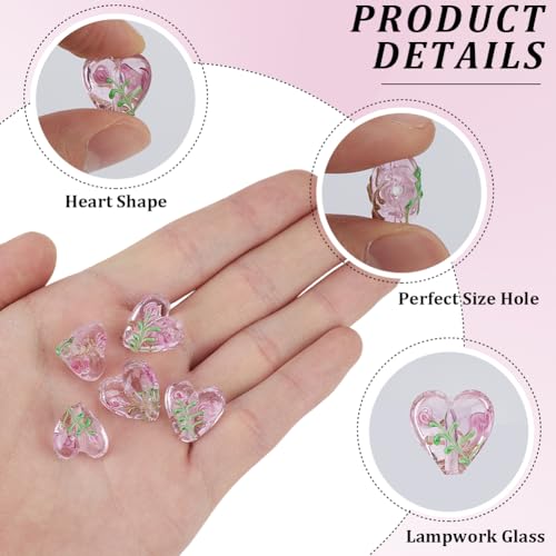 1 Box 20PCS Pink Heart Lampwork Beads Rose Flower Handmade Transparent Flat Glass Clear Floral Spring Garden Loose Spacer Bead Bulk for Jewelry Making Valentine's Day Bracelet Craft Supply