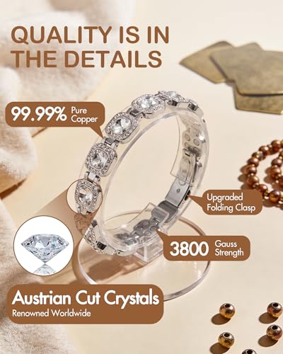 Feraco Pure Copper Bracelets for Women, 4X Ultra Strength Magnetic Bracelet with 3800 Gauss Neodymium Magnets & Dazzling Austrian Cut Crystals Stone, Adjustable Jewelry Gift - style: Radiant Square Shine - Silver