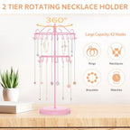 iDavosic.ly 2 Tier Rotating Necklace Holder Organizer with 42 Hooks, Adjustable Metal Bracelet Display Stand Rack, Extra Tall Keychain Spinning Tree Tower for Women, Pink - color: Candy Pink