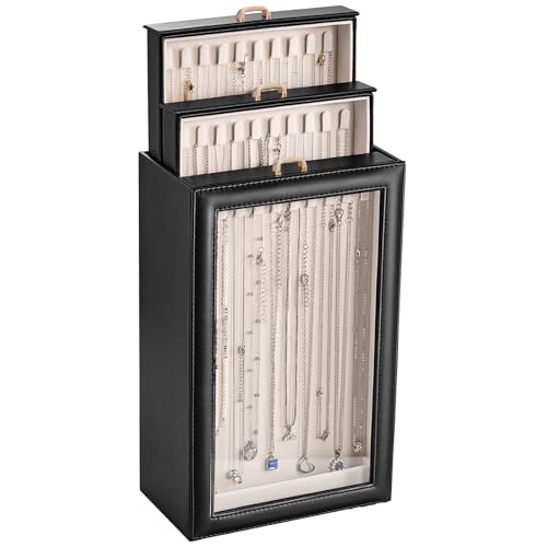 Lolalet Necklace Organizer Box, Jewelry Storage Box with Clear Window for Necklaces Bracelets, Tangle-Free Necklace Display Case for Women Girls, Mothers Day Gift - color: Black, size: 3 Layers, 30 Hooks