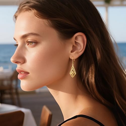 925 Sterling Silver Dangle Earrings for Women, 14K Gold Plated Filigree Dangling Leverback Earrings, Geometric Hypoallergenic Lightweight Dangly Drop Earings for Women Trendy Jewelry Gifts - color: A-14K Gold