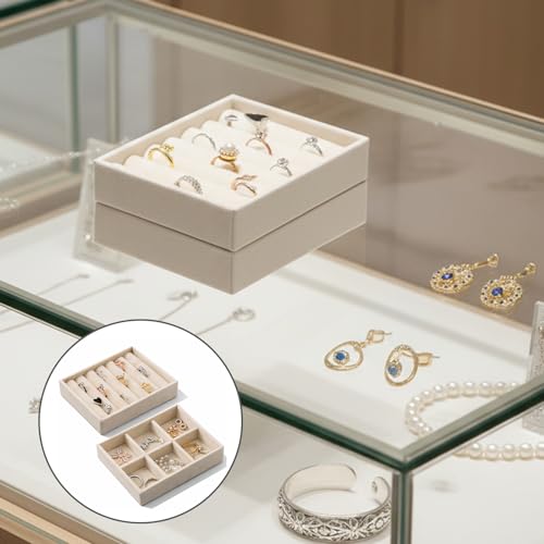 Velvet Jewelry Organizer Small Jewelry Tray Set Box Stackable Velvet Organizer Tray Drawer Inserts Ring Box Flat Stacking Trays Display Case for Earrings Rings Necklaces (Set 2,Beige)