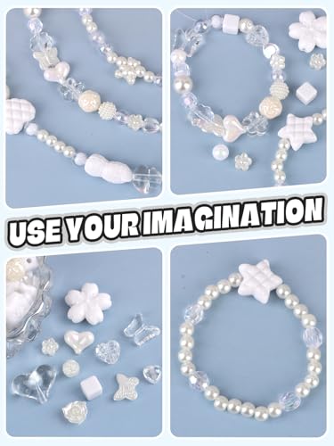 Acrylic Pastel Beads for Jewelry Making, Kalolary Colorful Bow Butterfly Flower Kawaii Plastic Candy Heart Cute Macaroon Aesthetic Beads for Bracelet Necklace DIY Supplies (White) - color: White