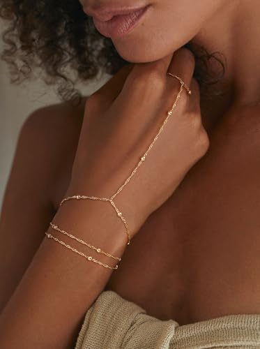 CHESKY 14K Gold Plated Hand Chain Bracelets for Women Set - Dainty Finger Ring Bracelet Stack Adjustable Hand Chains Durable Beaded Bracelets Trendy Simple Body Jewelry Gift for Women - style: 3beads bracelet-gold