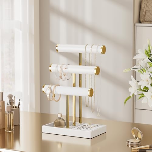 bussdis 3 Tier Bracelet Holder Display - White Leather Bracelet Holder, Detachable T Bar Jewelry Holder Organizer for Bracelet, Necklace, Earrings, Rings, Watches, Bangle - color: White