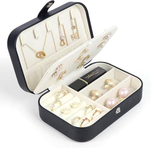 Travel Jewelry Box,Small Jewelry Organizer Boxes for Women Girls, 2 Layer Travel Jewlery Case,PU Leather Mini Portable Jewerly Storage Display Holder for Earrings,Ring,Necklaces,Bracelets -Black - color: Black