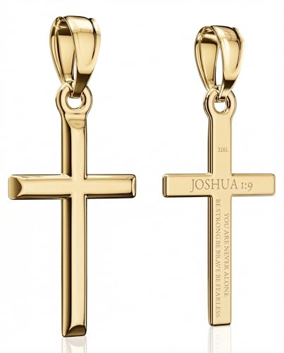 Cross Pendant Necklace with Bible Verse - Top-grade 316L Stainless Steel, Sleek Polished Design, Skin-friendly, Christian Jewelry for Men and Women - color: Luxury Gold, size: Small, style: JOSHUA 1:9
