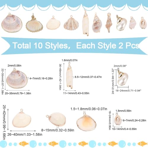 SUNNYCLUE 1 Box 20Pcs 10 Styles Seashell Charms Bulk Sea Shell Charms Large Gold Electroplated Natural White Conch Cowrie Ocean Beach Charm for Jewelry Making Charms Women DIY Necklaces Earrings Craft - color: 1 Box 20Pcs 10 Styles Seashell Charms