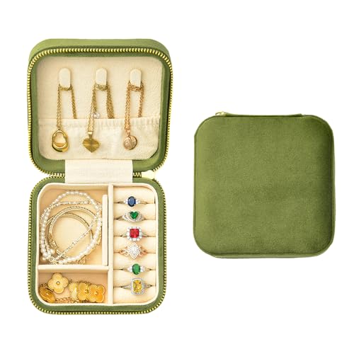 TAIMY Travel Jewelry Case, Small Plush Velvet Jewelry Box for Women and Girls, Portable Jewelry holder organizer for Rings Earrings Necklaces Bracelets(Avocado Green) - color: Avocado Green