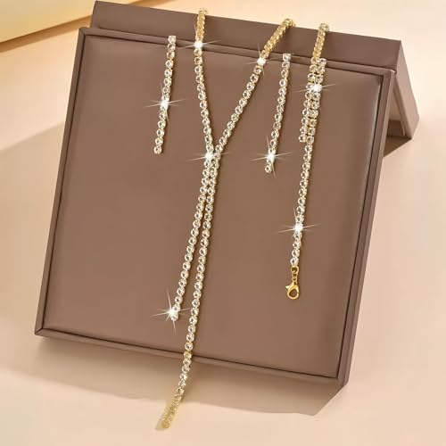 Gold-Tone Bridal Wedding Jewelry Necklace Earrings Bracelet Set Rhinestone Accessories for Brides Women Formal Prom Party Banquet Gifts