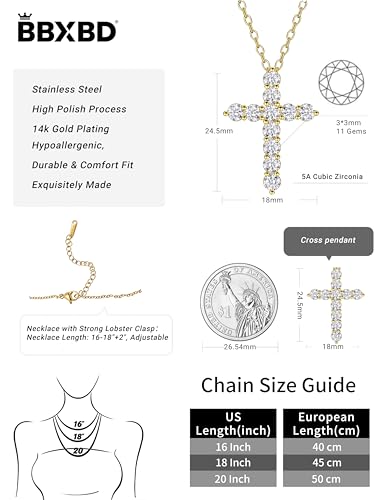 Stainless steel Cubic Zirconia Cross Necklace for Women Pendant with Chain 16"/18"+2" Perfect Jewelry Gifts for Birthday Christmas Mothers Day Wedding - size: 16+2 inches, style: 18K Gold Plated